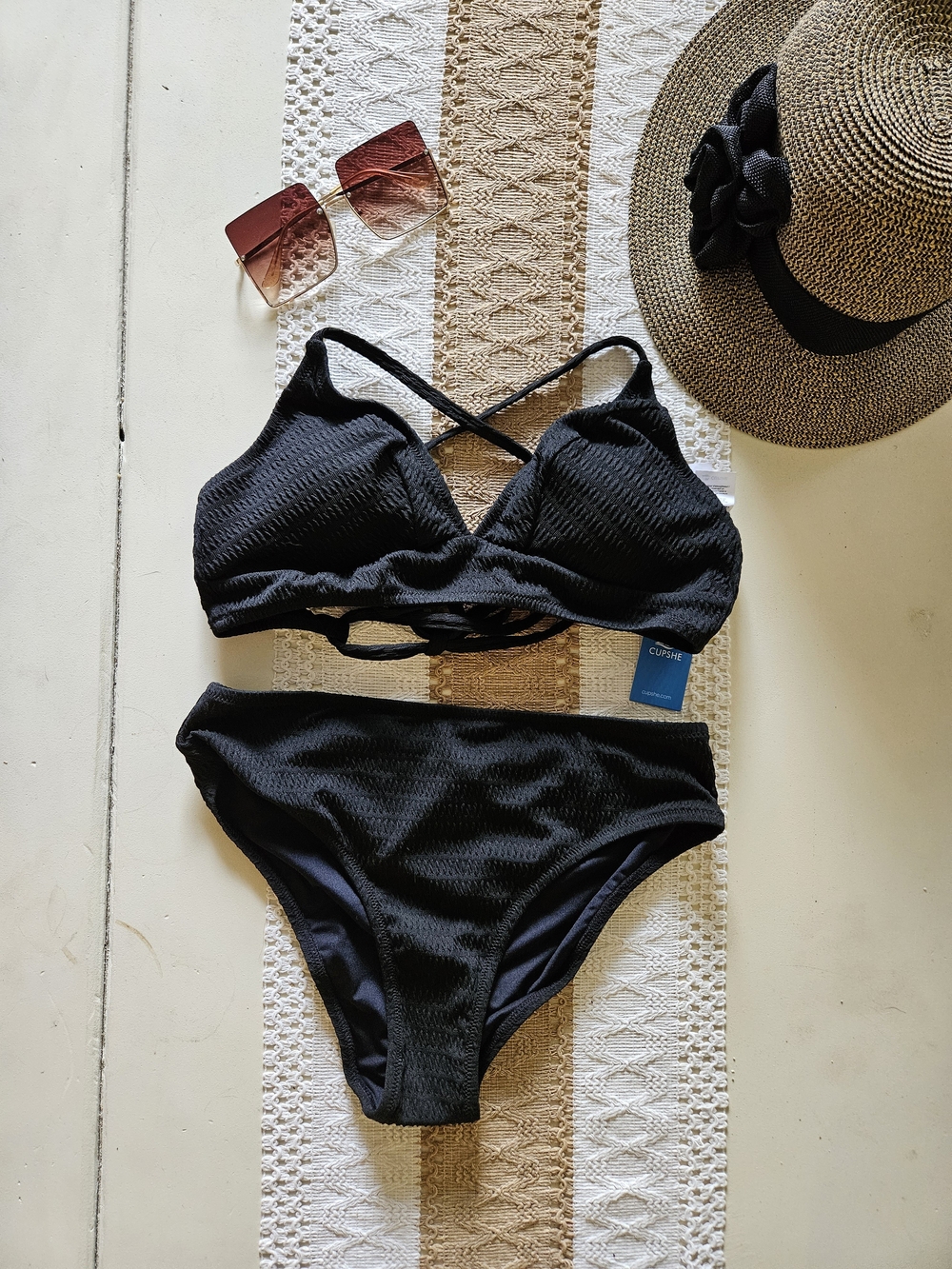 NWT Cupshe Black Textured Crisscross Bikini Set size Small